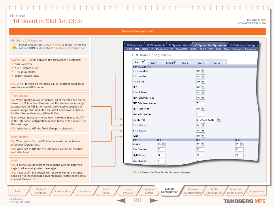 System configuration, Pri board configuration, Pri board in slot 1-n (3:3) | TANDBERG Media Processing System MPS 200 User Manual | Page 90 / 179