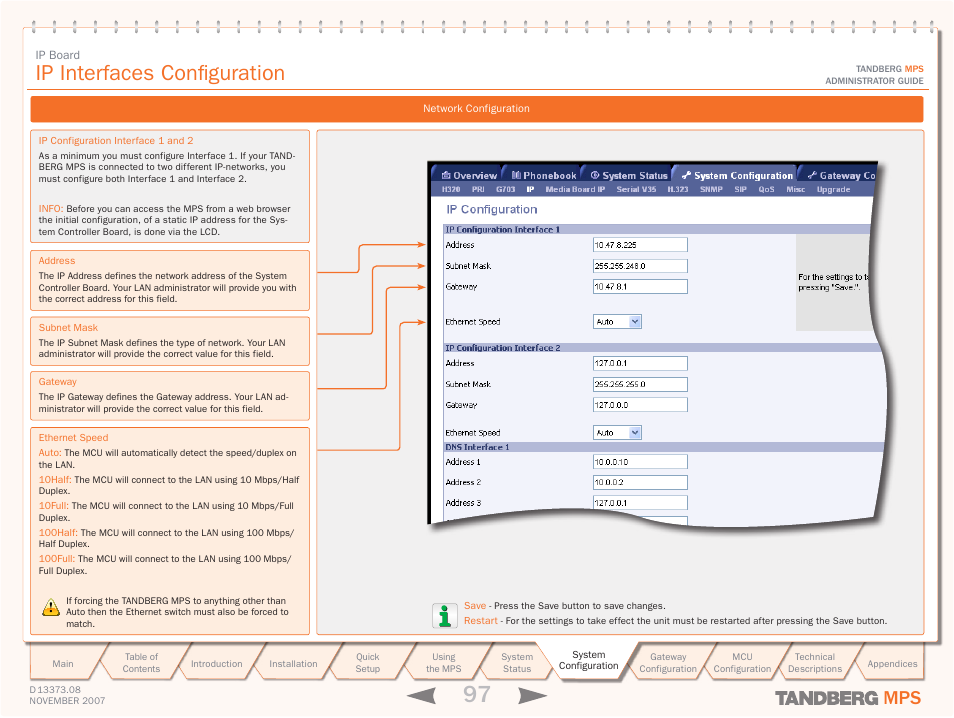 Ip board, Ip interfaces configuration, System configuration | Ip configuration | TANDBERG Media Processing System MPS 200 User Manual | Page 97 / 179