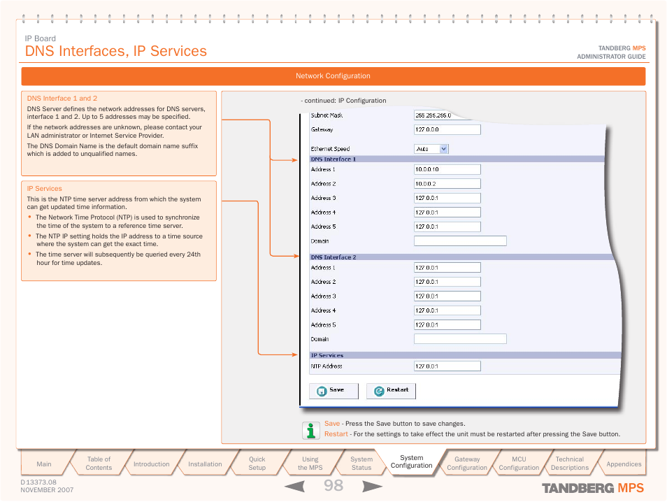 Dns interfaces, ip services | TANDBERG Media Processing System MPS 200 User Manual | Page 98 / 179