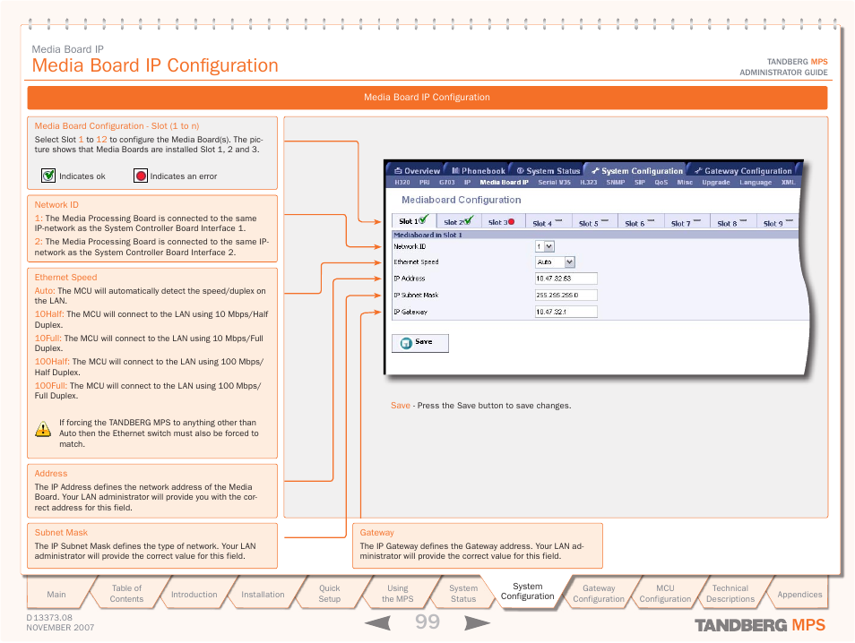 Media board ip configuration, System configura, Tion > media board ip | TANDBERG Media Processing System MPS 200 User Manual | Page 99 / 179