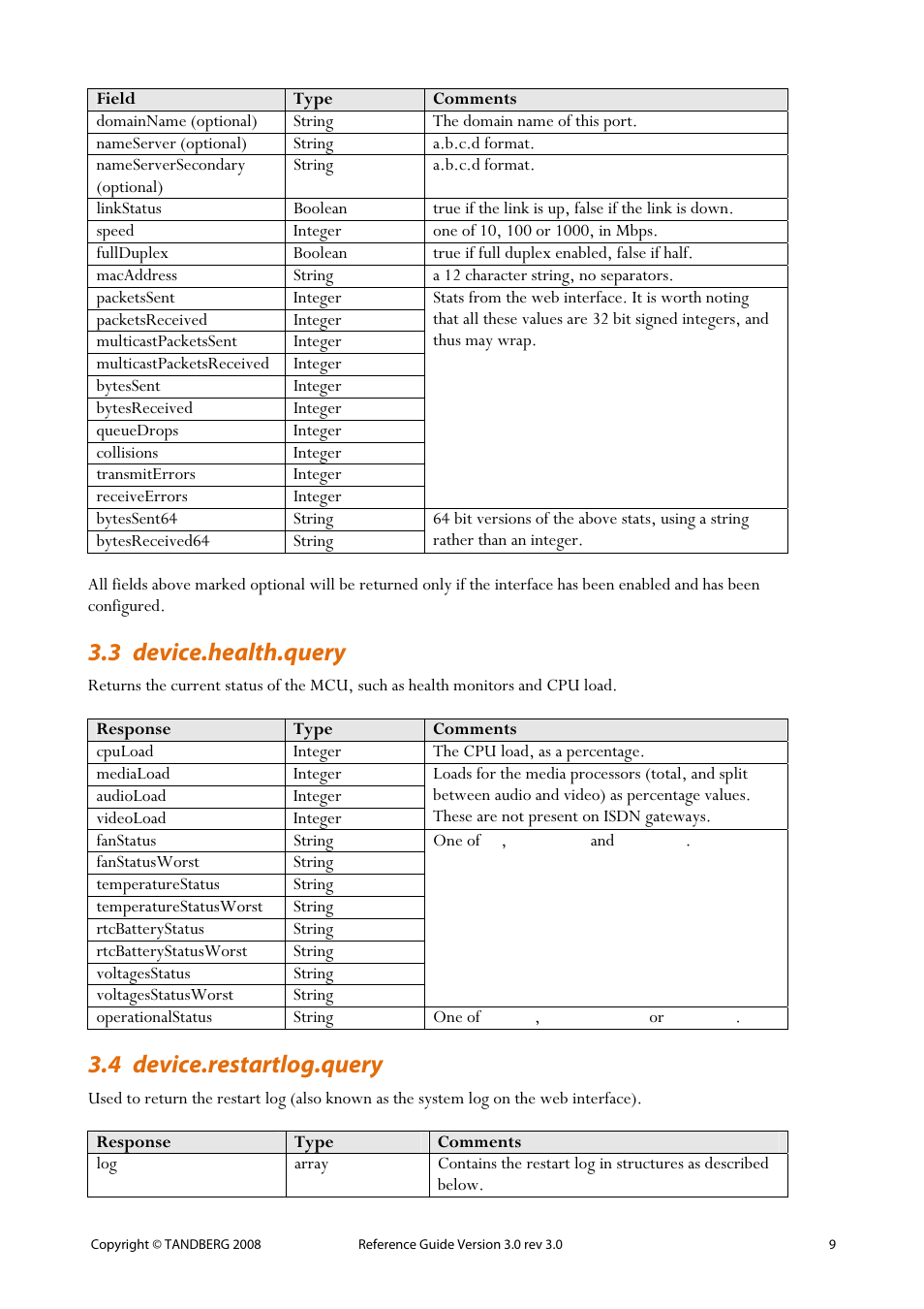 3 device.health.query, 4 device.restartlog.query, 9 3.4 device.restartlog.query | TANDBERG 3.0 User Manual | Page 13 / 66