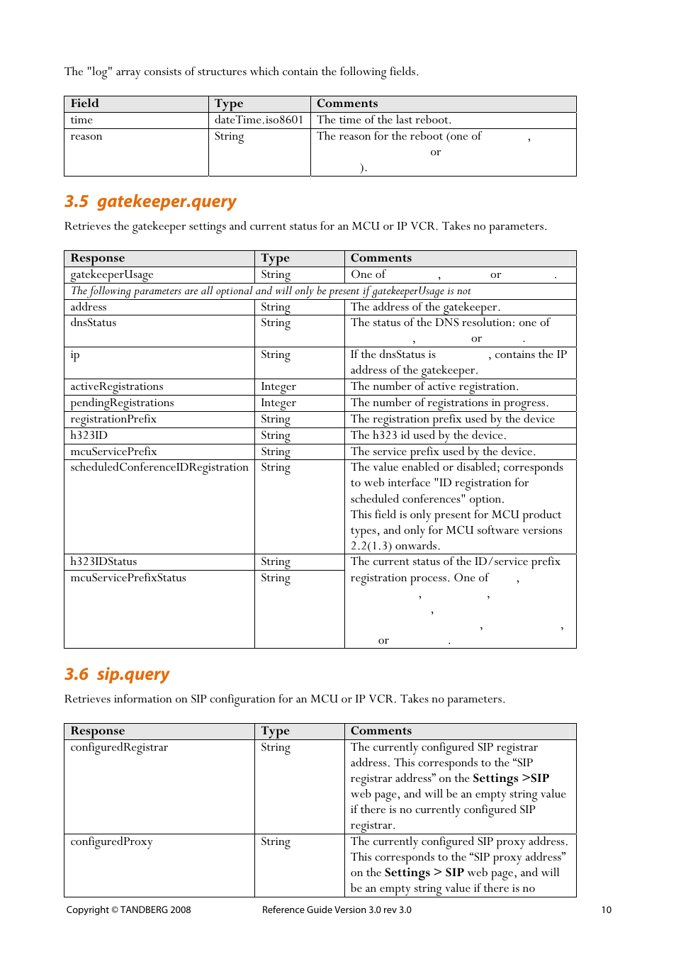 5 gatekeeper.query, 6 sip.query, 10 3.6 sip.query | TANDBERG 3.0 User Manual | Page 14 / 66