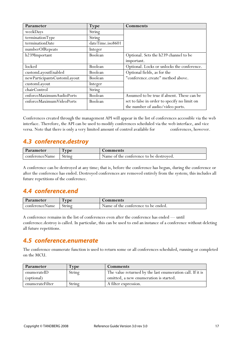 3 conference.destroy, 4 conference.end, 5 conference.enumerate | 17 4.4 conference.end, 17 4.5 conference.enumerate | TANDBERG 3.0 User Manual | Page 21 / 66