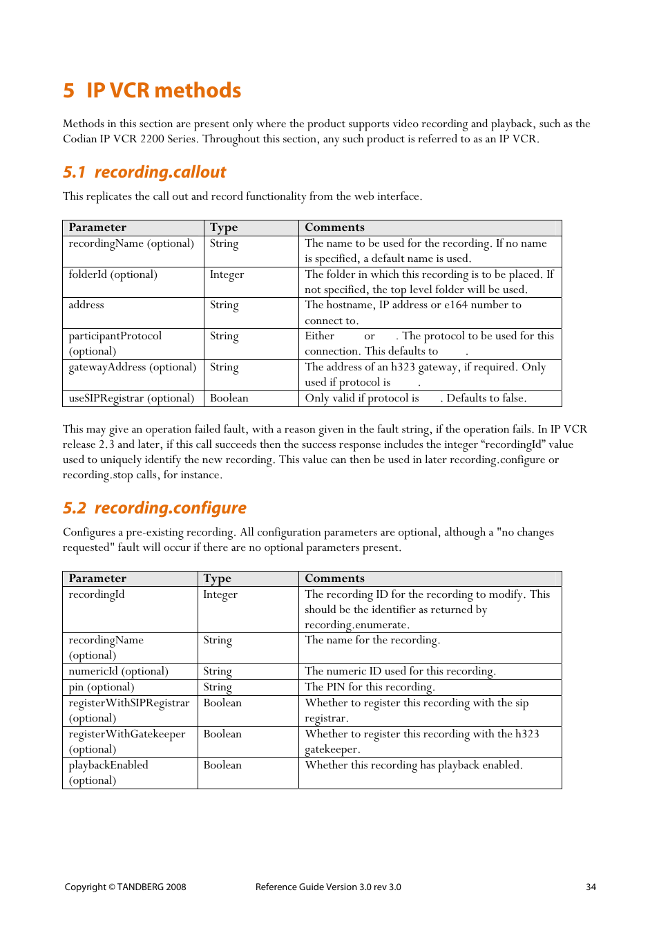 5 ip vcr methods, 1 recording.callout, 2 recording.configure | Ip vcr methods, 34 5.2 recording.configure | TANDBERG 3.0 User Manual | Page 38 / 66