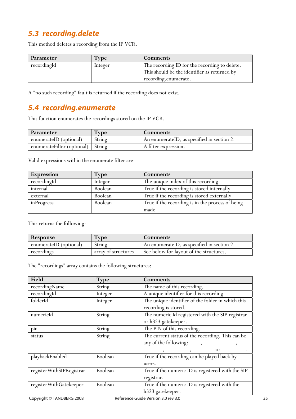 3 recording.delete, 4 recording.enumerate, 35 5.4 recording.enumerate | TANDBERG 3.0 User Manual | Page 39 / 66