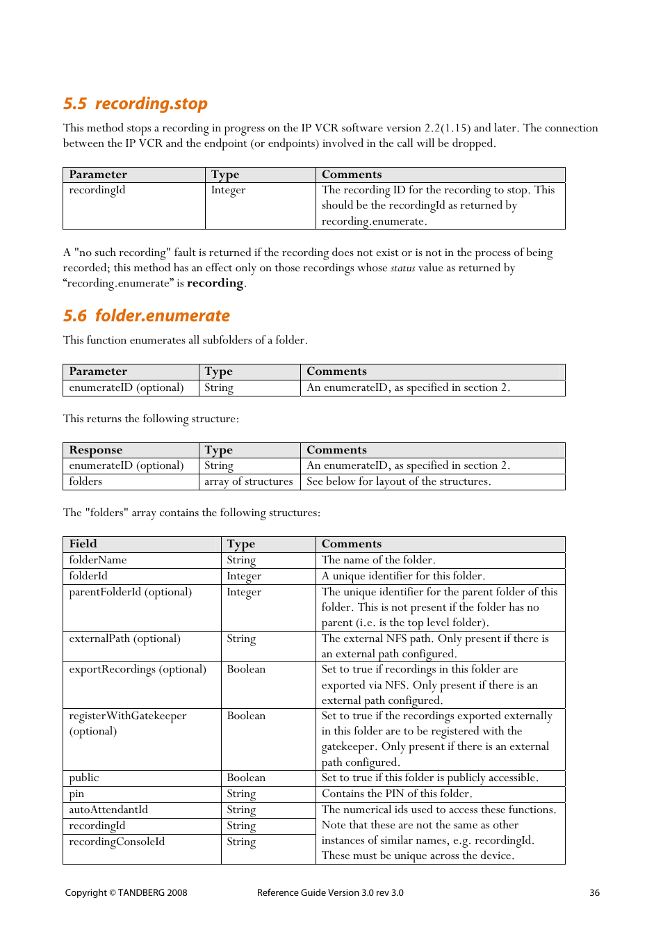 5 recording.stop, 6 folder.enumerate, 36 5.6 folder.enumerate | TANDBERG 3.0 User Manual | Page 40 / 66