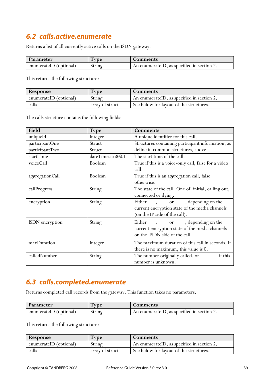 2 calls.active.enumerate, 3 calls.completed.enumerate, 39 6.3 calls.completed.enumerate | TANDBERG 3.0 User Manual | Page 43 / 66