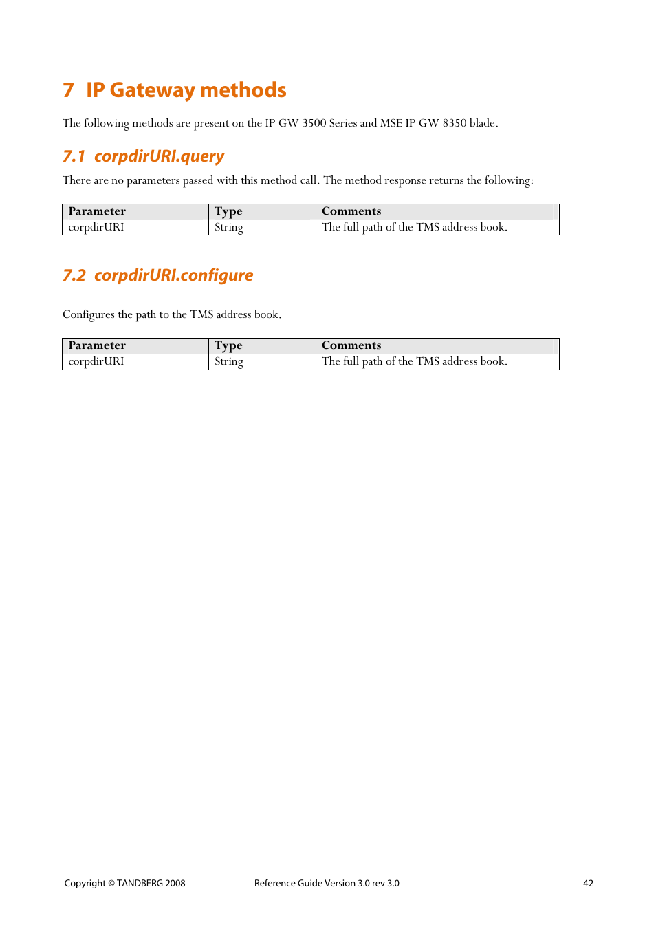 7 ip gateway methods, 1 corpdiruri.query, 2 corpdiruri.configure | Ip gateway methods, 42 7.2 corpdiruri.configure | TANDBERG 3.0 User Manual | Page 46 / 66