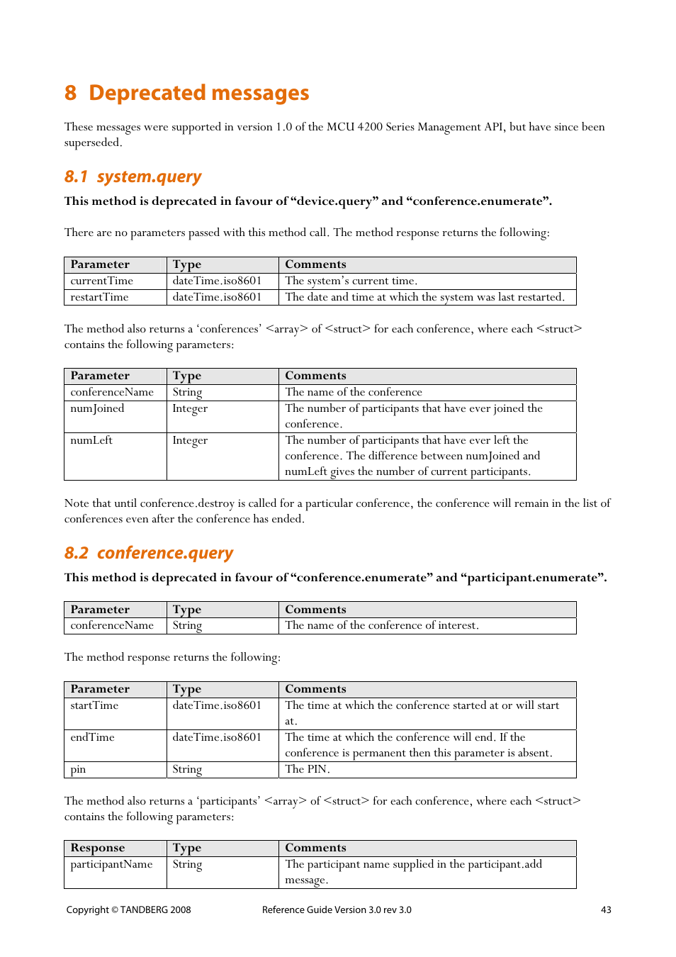 8 deprecated messages, 1 system.query, 2 conference.query | Deprecated messages, 43 8.2 conference.query | TANDBERG 3.0 User Manual | Page 47 / 66