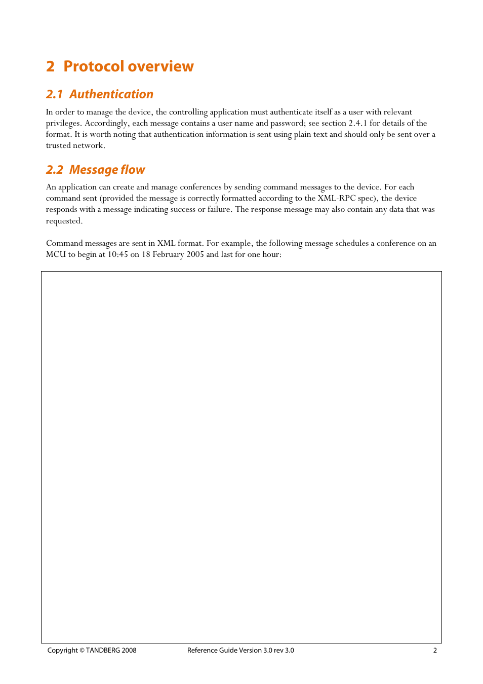 2 protocol overview, 1 authentication, 2 message flow | Protocol overview, 2 2.2 message, Flow | TANDBERG 3.0 User Manual | Page 6 / 66