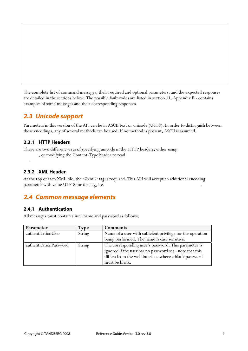 3 unicode support, 1 http headers, 2 xml header | 4 common message elements, 1 authentication, 3 unicode, Support, 1 http, Headers, 2 xml | TANDBERG 3.0 User Manual | Page 8 / 66