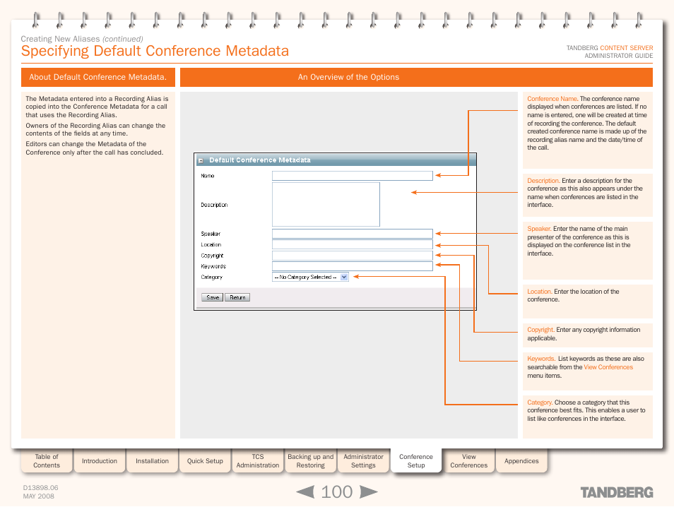 Specifying default conference metadata, About default conference metadata, An overview of the options | TANDBERG S3.1 User Manual | Page 100 / 131
