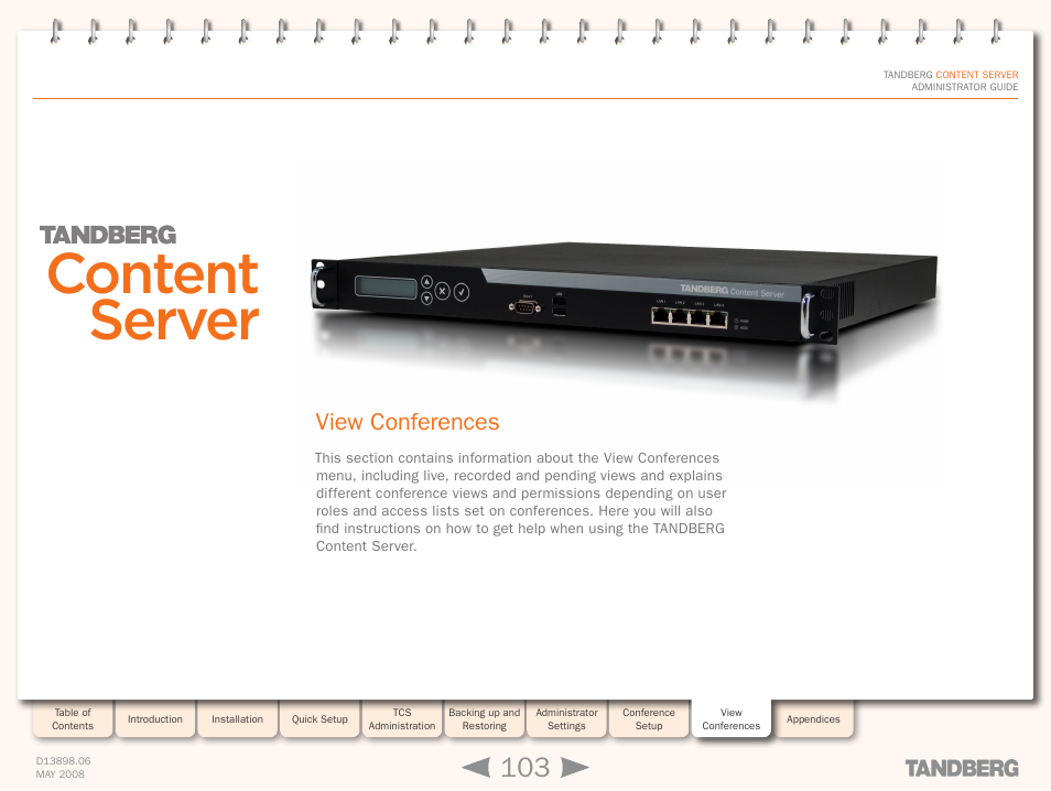 View conferences, View, Conferences | Settings, Content server | TANDBERG S3.1 User Manual | Page 103 / 131