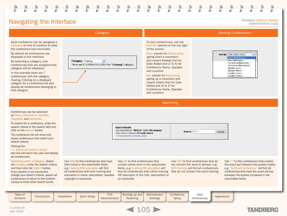 Navigating the interface, Category, Searching | Sorting conferences, Category searching sorting conferences | TANDBERG S3.1 User Manual | Page 105 / 131