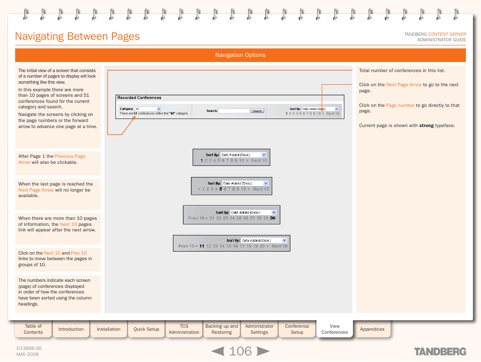 Navigation options, Navigating between pages | TANDBERG S3.1 User Manual | Page 106 / 131