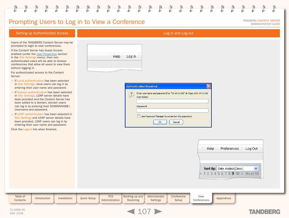 Prompting users to log in to view a conference, Setting up authenticated access, Log in and log out | Setting up authenticated access log in and log out, Prompting users to log in | TANDBERG S3.1 User Manual | Page 107 / 131