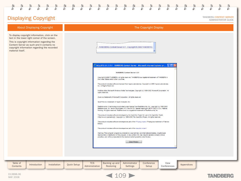 Displaying copyright, About displaying copyright, The copyright display | About displaying copyright the copyright display | TANDBERG S3.1 User Manual | Page 109 / 131