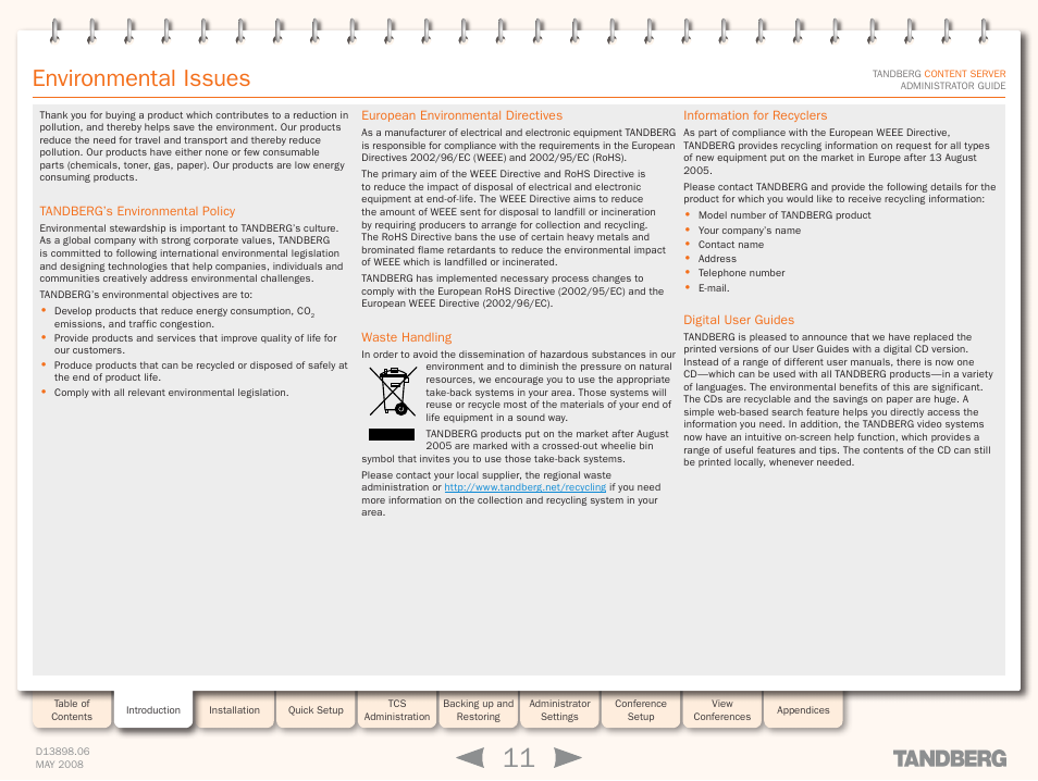 Environmental issues | TANDBERG S3.1 User Manual | Page 11 / 131