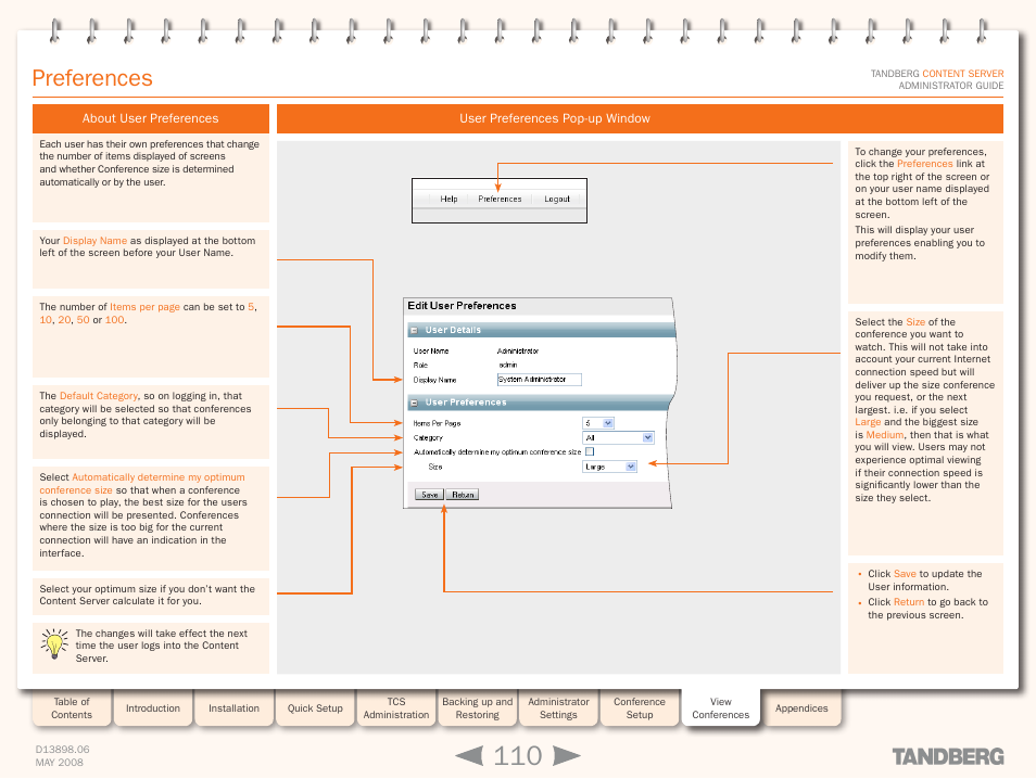 Preferences, About user preferences, User preferences pop-up window | Dn a | TANDBERG S3.1 User Manual | Page 110 / 131