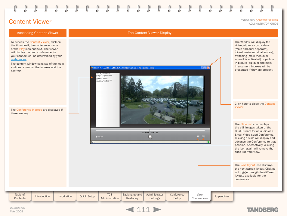 Content viewer, Accessing content viewer, The content viewer display | TANDBERG S3.1 User Manual | Page 111 / 131