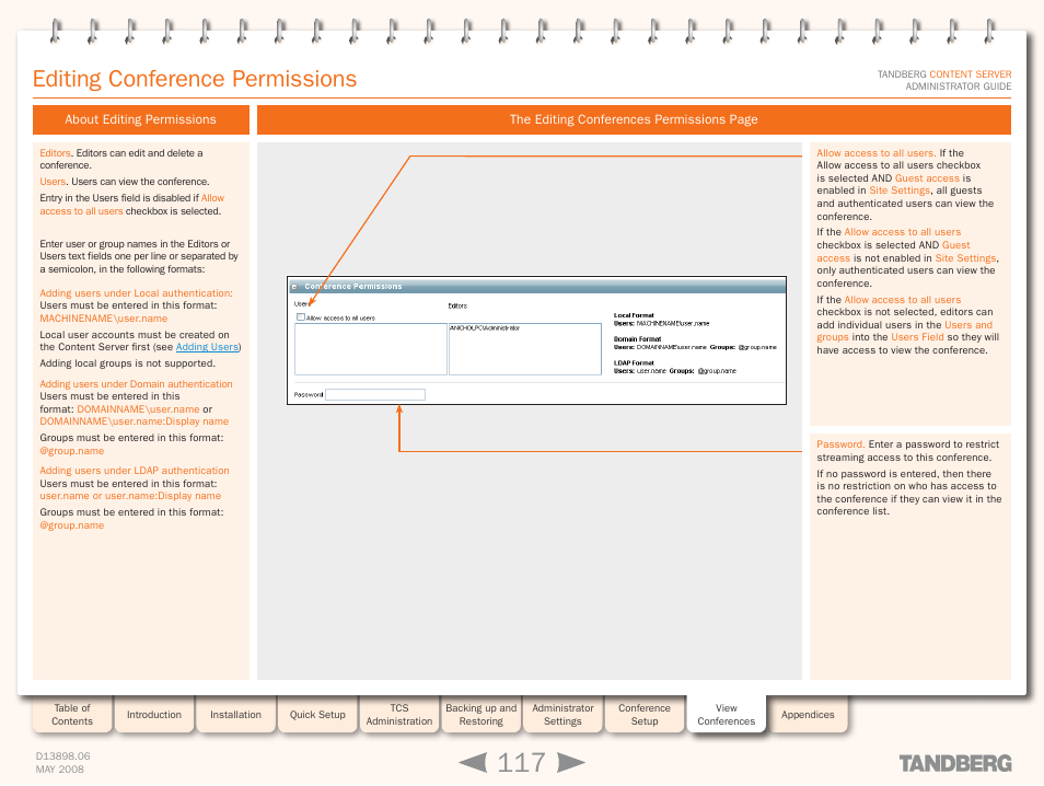 Editing conference permissions, About editing permissions | TANDBERG S3.1 User Manual | Page 117 / 131