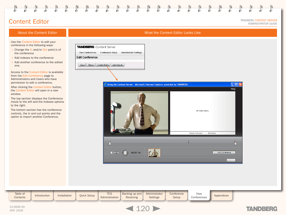 Content editor, About the content editor, What the content editor looks like | TANDBERG S3.1 User Manual | Page 120 / 131