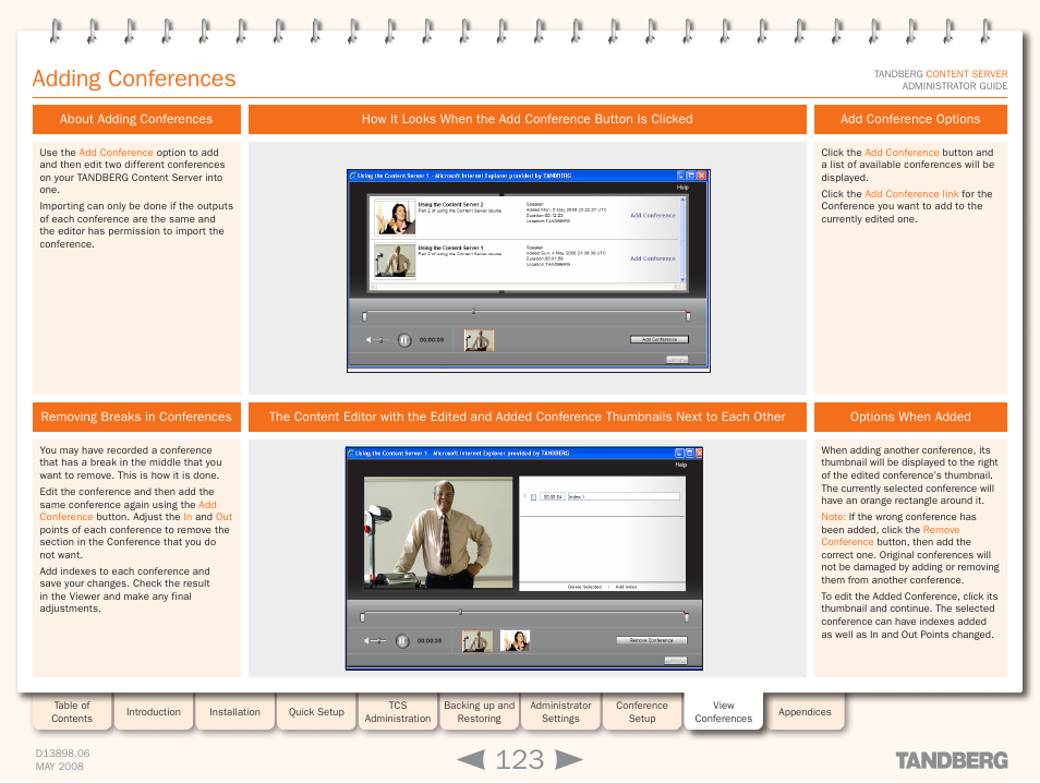 Adding conferences, About adding conferences, Removing breaks in conferences | Add conference options, Options when added | TANDBERG S3.1 User Manual | Page 123 / 131