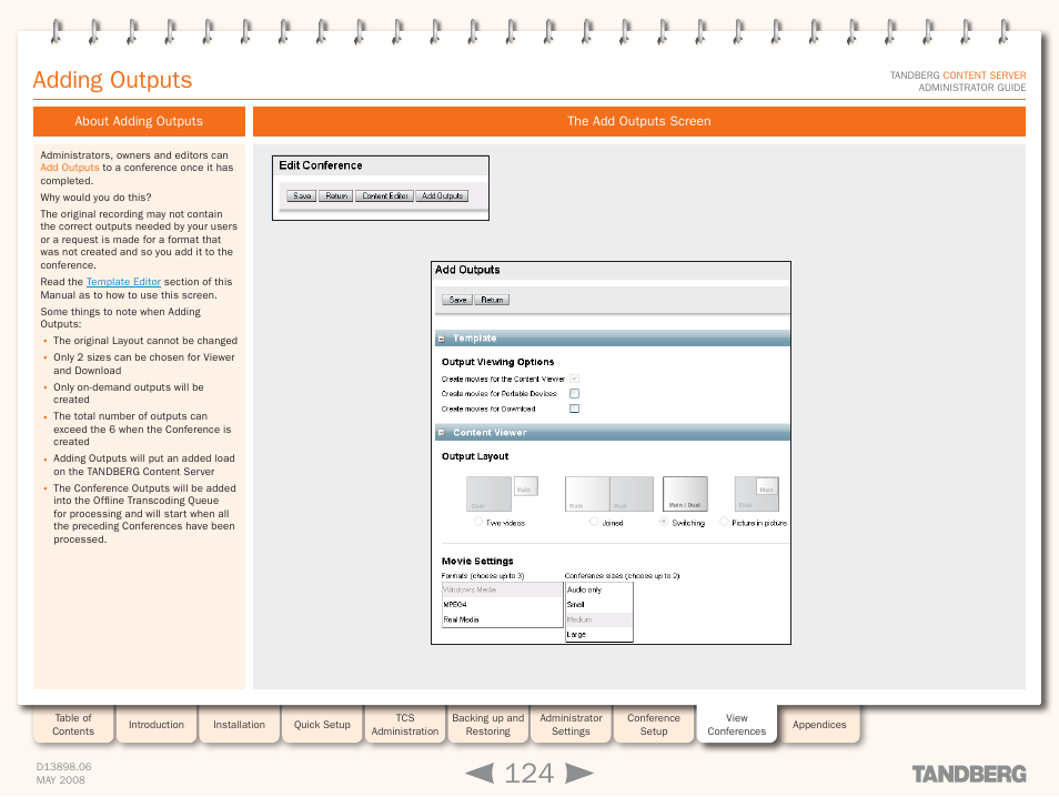 Adding outputs, About adding outputs, The add outputs screen | About adding outputs the add outputs screen | TANDBERG S3.1 User Manual | Page 124 / 131