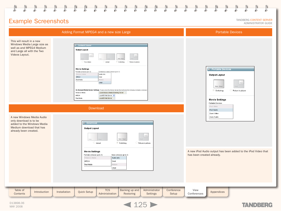 Example screenshots, Adding format mpeg4 and a new size large, Download | Portable devices | TANDBERG S3.1 User Manual | Page 125 / 131