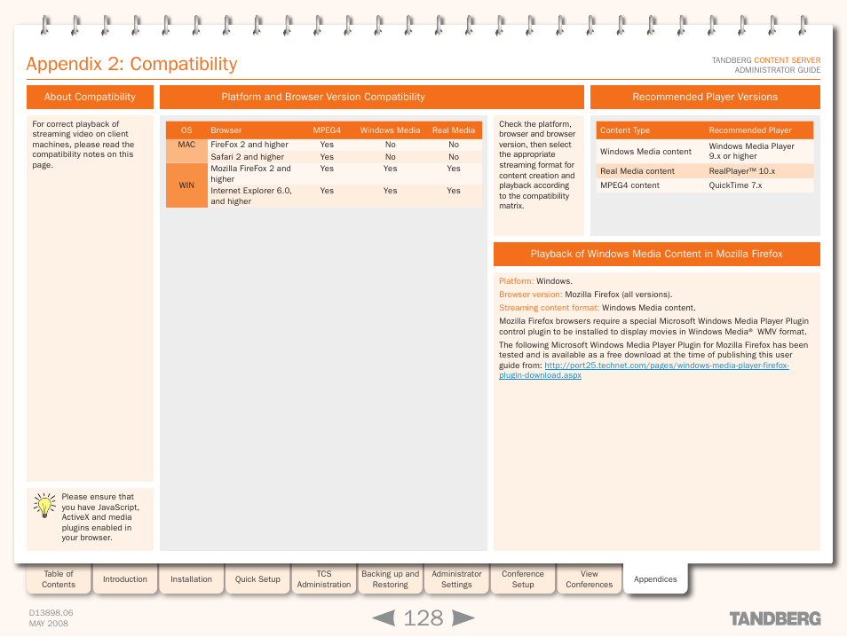 Appendix 2: compatibility, About compatibility, Platform and browser version compatibility | Recommended player versions | TANDBERG S3.1 User Manual | Page 128 / 131
