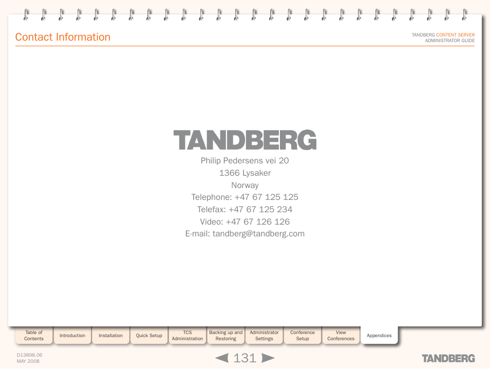 Contact information | TANDBERG S3.1 User Manual | Page 131 / 131