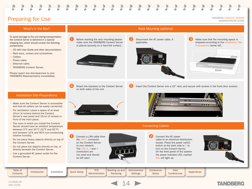 Preparing for use, What’s in the box, Installation site preparations | Rack mounting (optional), Connecting cables | TANDBERG S3.1 User Manual | Page 14 / 131
