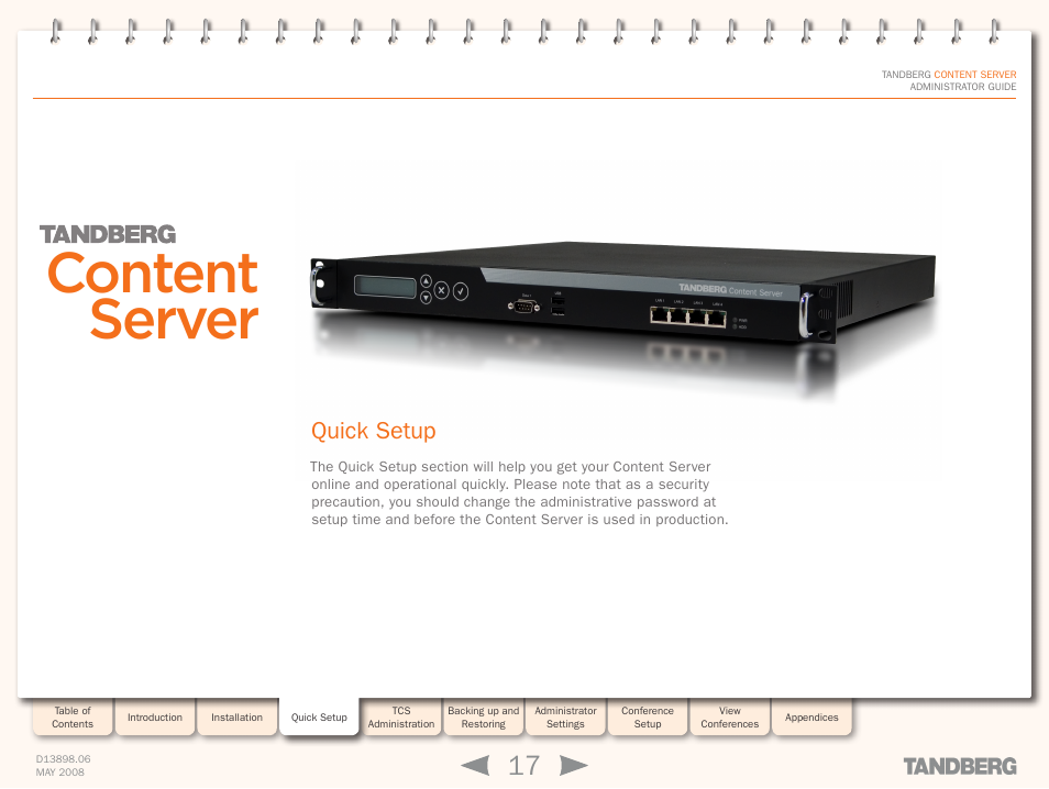 Quick setup, Environmental, Content server | TANDBERG S3.1 User Manual | Page 17 / 131