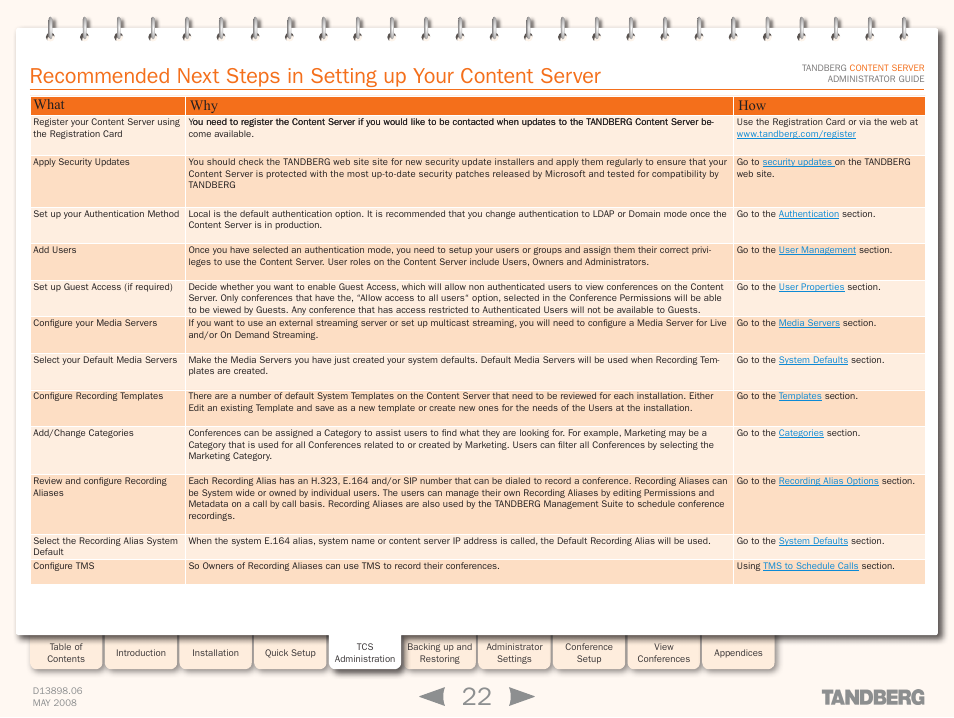 Recommended next steps in setting up your content, Server, What why how | TANDBERG S3.1 User Manual | Page 22 / 131