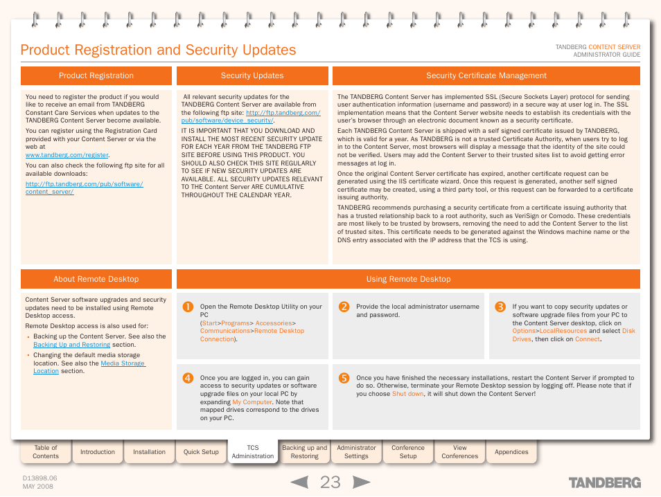 Product registration and security updates, Product registration, About remote desktop | Security updates, Using remote desktop, Security certificate management, Product registration and security update | TANDBERG S3.1 User Manual | Page 23 / 131