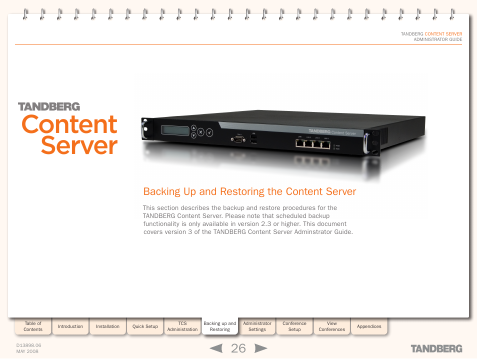 Backing up and restoring the content server, Backing up and, Restoring | Installation, Backing up and restoring, Content server | TANDBERG S3.1 User Manual | Page 26 / 131