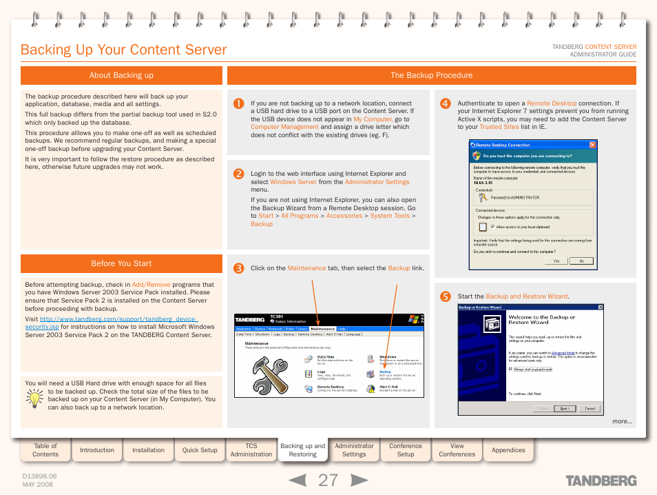 Backing up your content server, About backing up, Before you start | The backup procedure | TANDBERG S3.1 User Manual | Page 27 / 131
