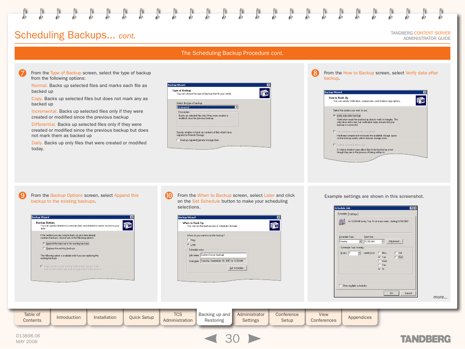 Scheduling backups, Cont | TANDBERG S3.1 User Manual | Page 30 / 131