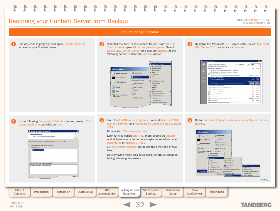 Restoring your content server from backup, The restoring procedure | TANDBERG S3.1 User Manual | Page 32 / 131