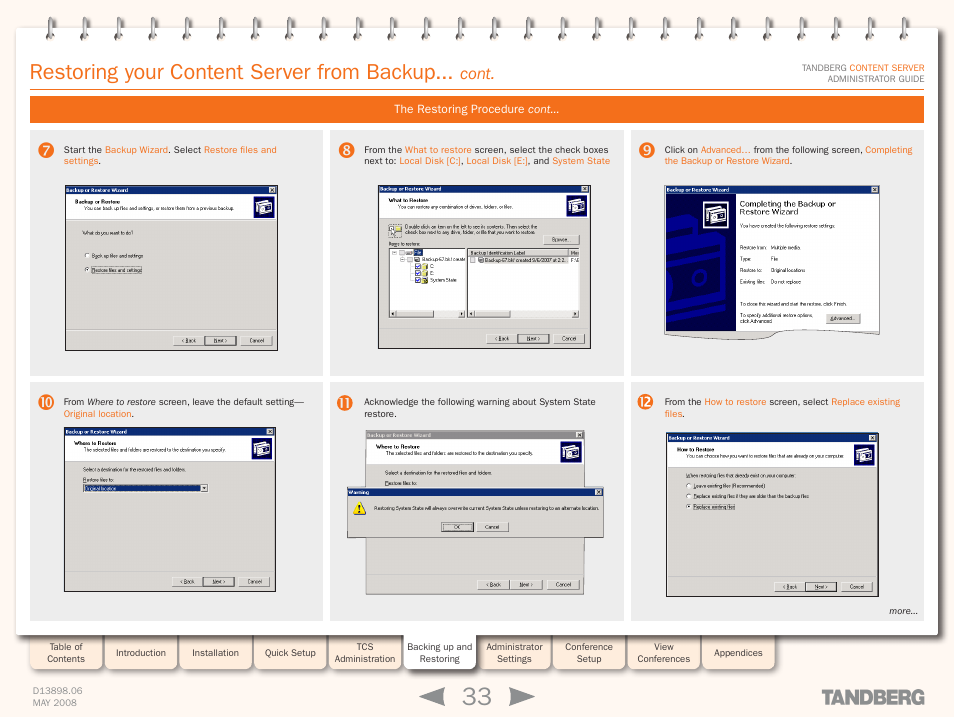 Restoring your content server from backup, Cont | TANDBERG S3.1 User Manual | Page 33 / 131