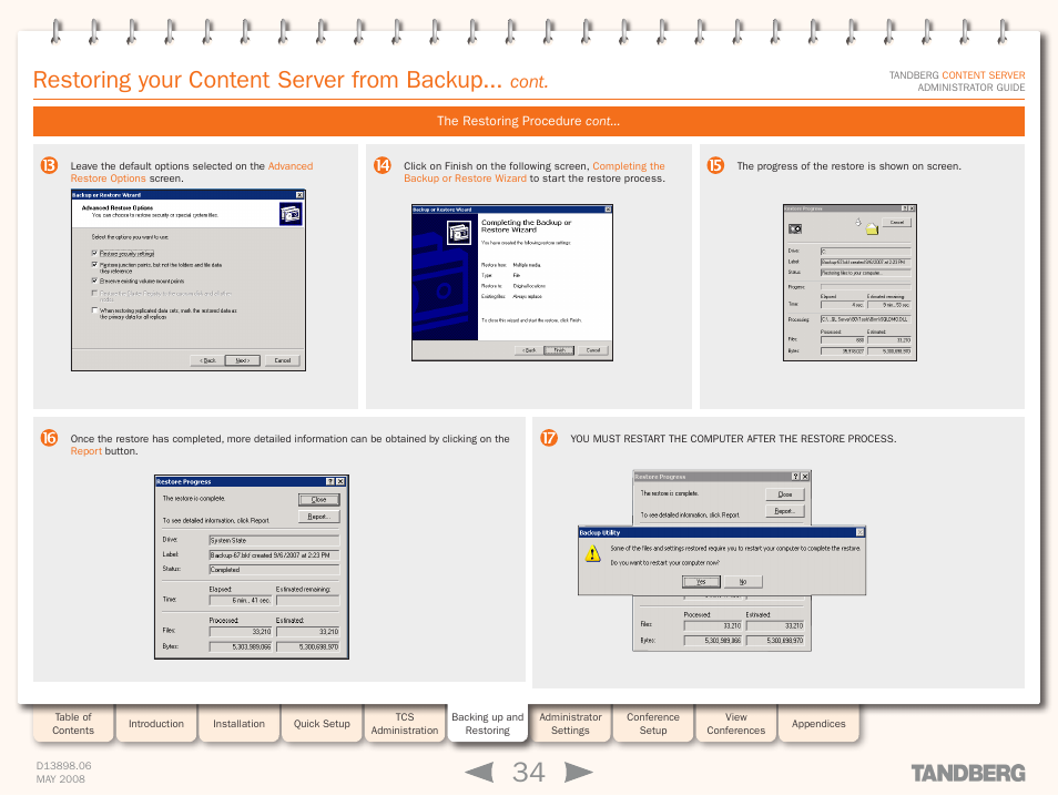 Restoring your content server from backup, Cont | TANDBERG S3.1 User Manual | Page 34 / 131