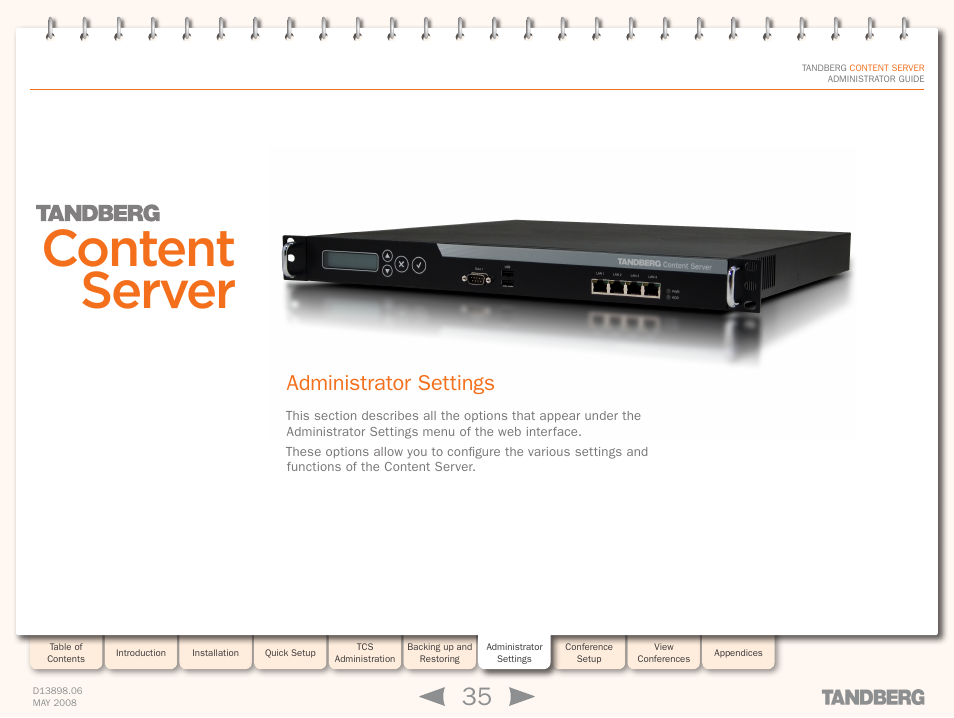 Administrator settings, Administrator, Settings | Quick setup, Content server | TANDBERG S3.1 User Manual | Page 35 / 131