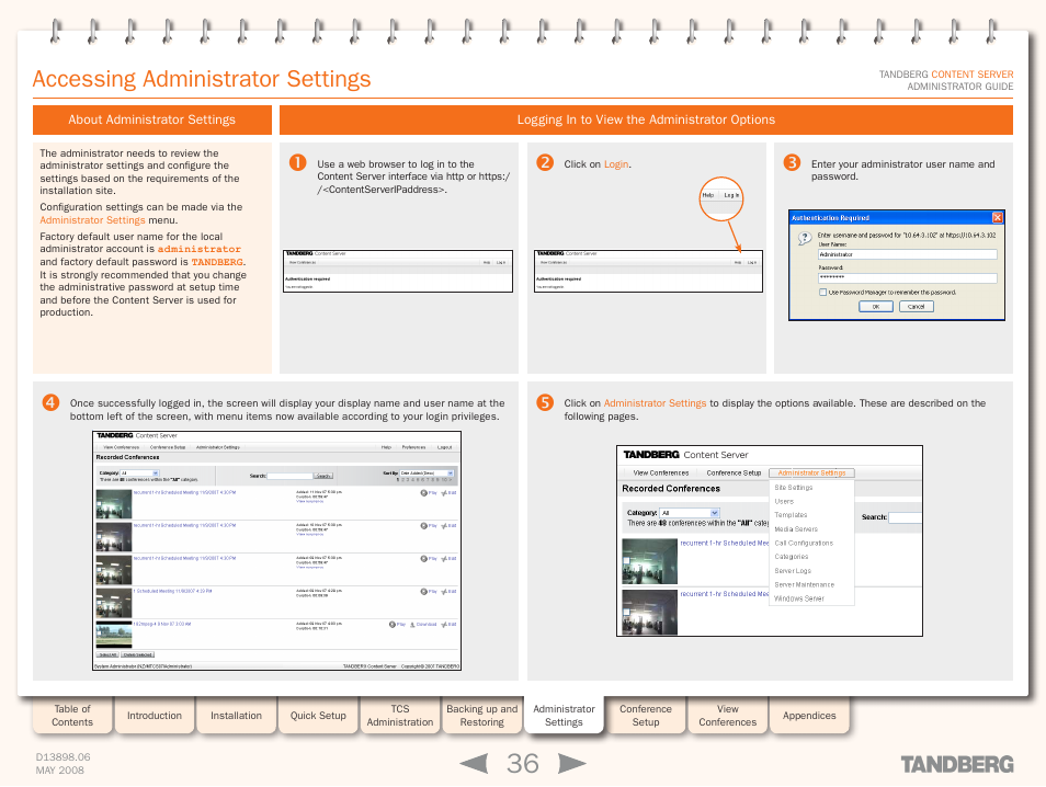 Accessing administrator settings, About administrator settings, Logging in to view the administrator options | TANDBERG S3.1 User Manual | Page 36 / 131