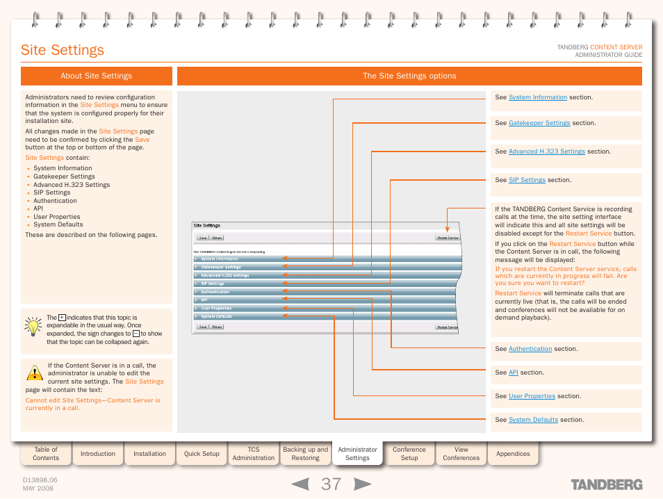 Site settings, About site settings, The site settings options | About site settings the site settings options | TANDBERG S3.1 User Manual | Page 37 / 131