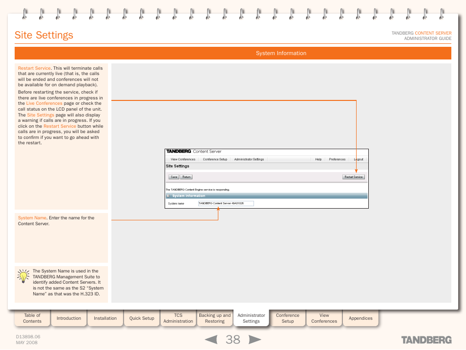 System information, Site settings | TANDBERG S3.1 User Manual | Page 38 / 131