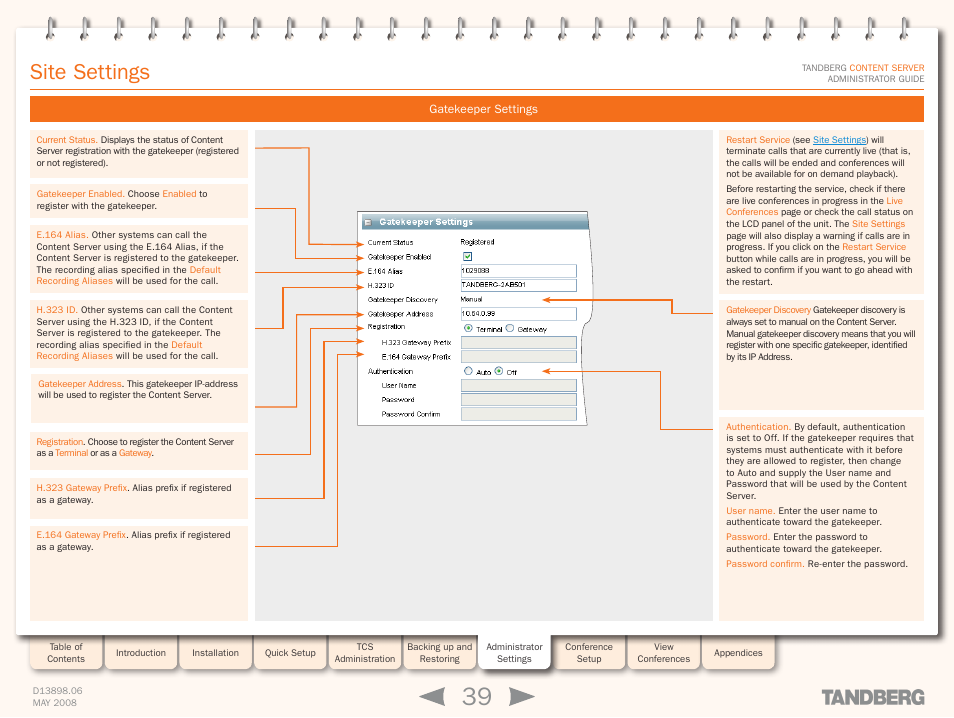 Gatekeeper settings, Site settings | TANDBERG S3.1 User Manual | Page 39 / 131