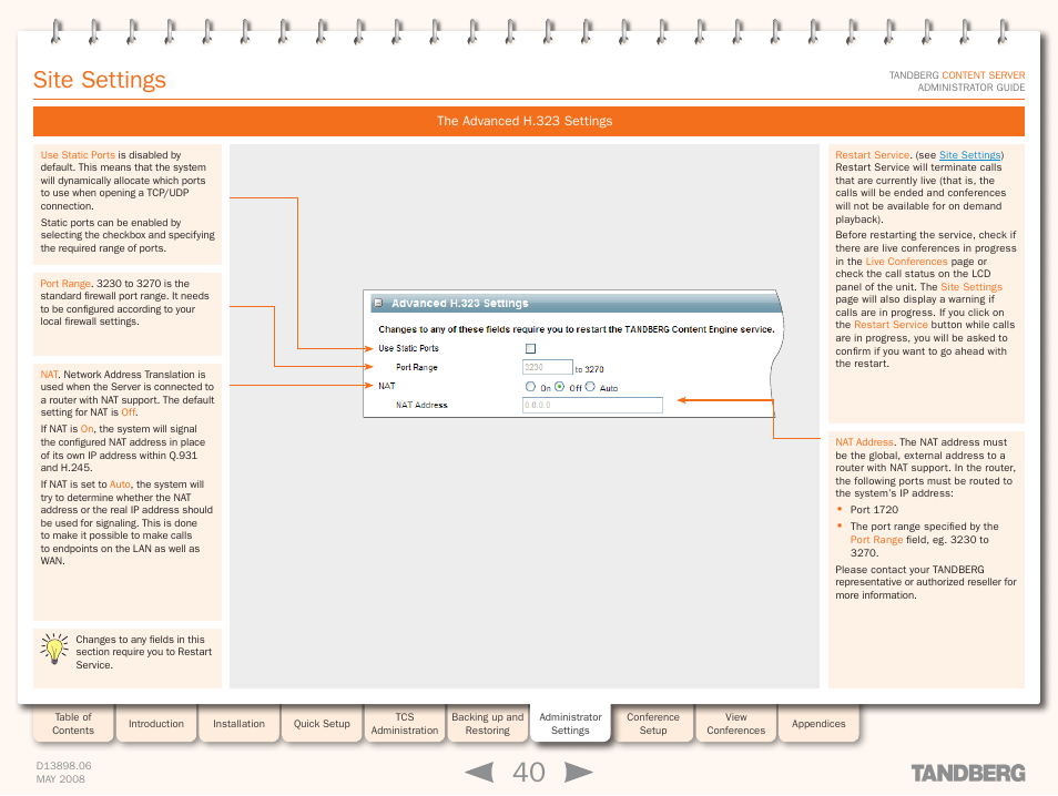 The advanced h.323 settings, Advanced h.323 settings, Site settings | TANDBERG S3.1 User Manual | Page 40 / 131