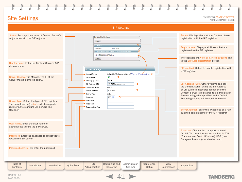 Sip settings, Site settings | TANDBERG S3.1 User Manual | Page 41 / 131