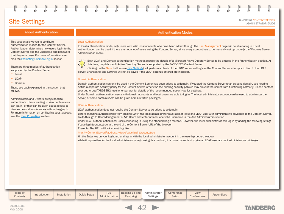 About authentication, Authentication modes, About authentication authentication modes | Authentication, Site settings | TANDBERG S3.1 User Manual | Page 42 / 131