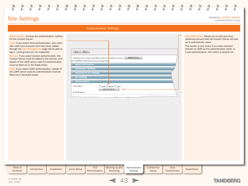 Authentication settings, Site settings | TANDBERG S3.1 User Manual | Page 43 / 131